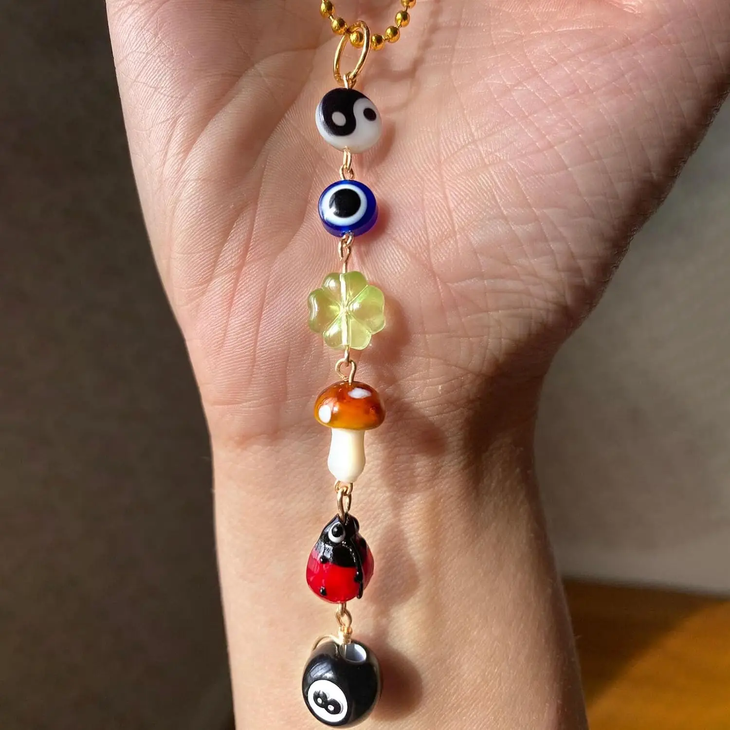 Evil Eye Car Hanging Ornament,Good Lucky Days Car Charm,8  Mushroom Four-Leaf  Pendant for Car Rear View ,Cute  Evil Eye Ladybug