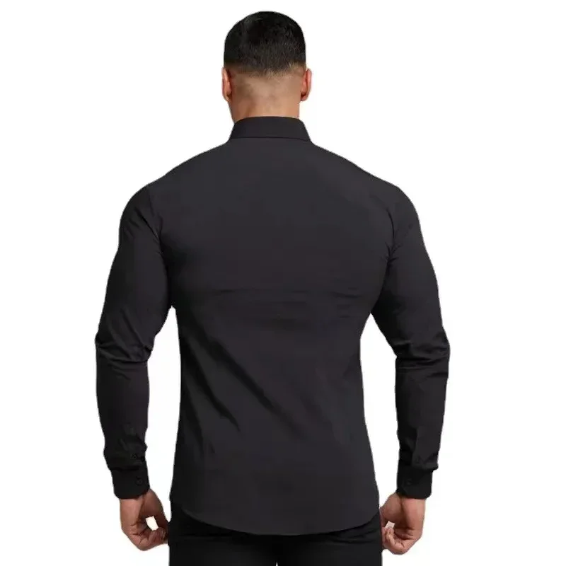 Men's Dress Shirt Long Sleeve Spring Autumn Fashion Non-Iron Social Business Solid Mercerized Vertical Black Fitness Clothing6XL