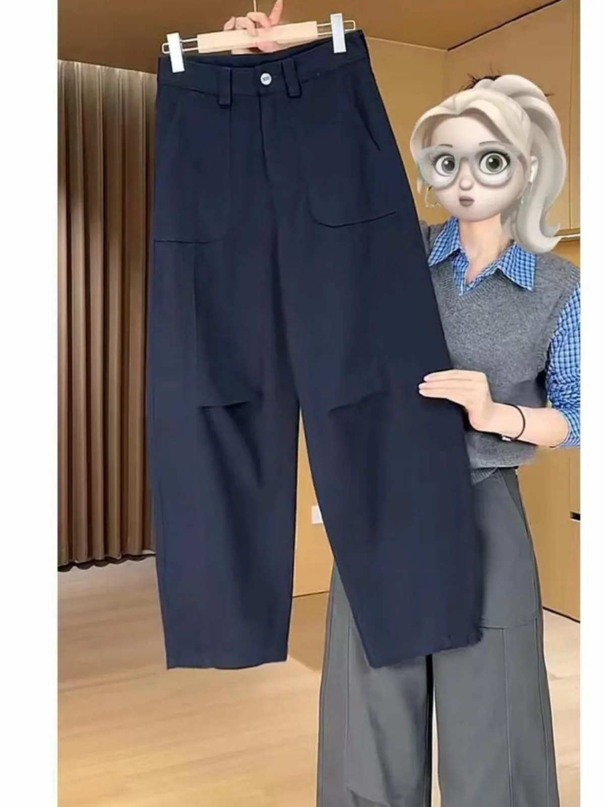 

Retro Workwear Denim Jeans Women's Spring New Large Size Pear Shape Small Figure Wide Leg Knife Long Pants Big Pocket