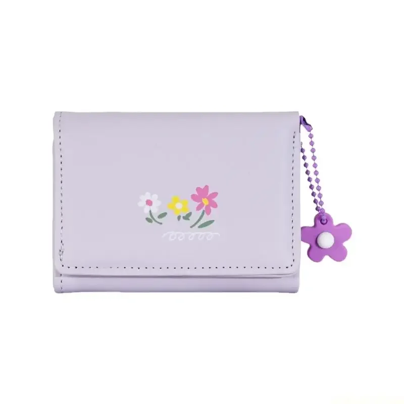X90D Floral Print Short Purse PU Leather Coin Purse Trifold Wallet Card Holder