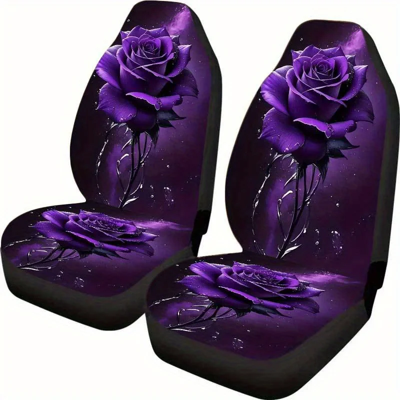 2pcs Elegant Purple Rose Car Seat Covers Set - Luxury Glossy Black & Purple Floral Design With Sparkling Crystal-Like Texture, F