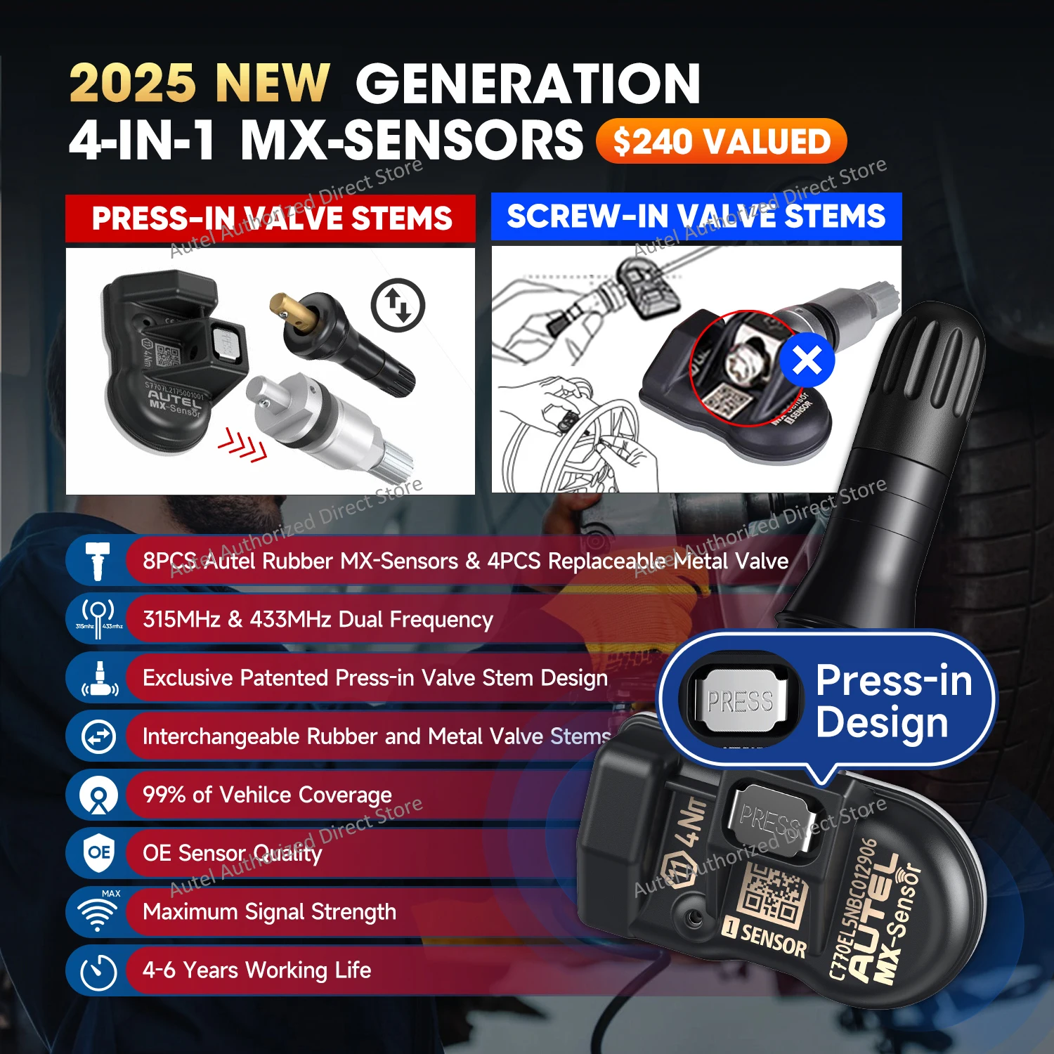 Autel MaxiTPMS TS508WF KIT TPMS أداة تشخيصية عبر 4 قطعة أجهزة استشعار Autel MX، أداة إعادة تعلم Obd2 TPMS تحديث مجاني، تمت ترقيتها من TS508