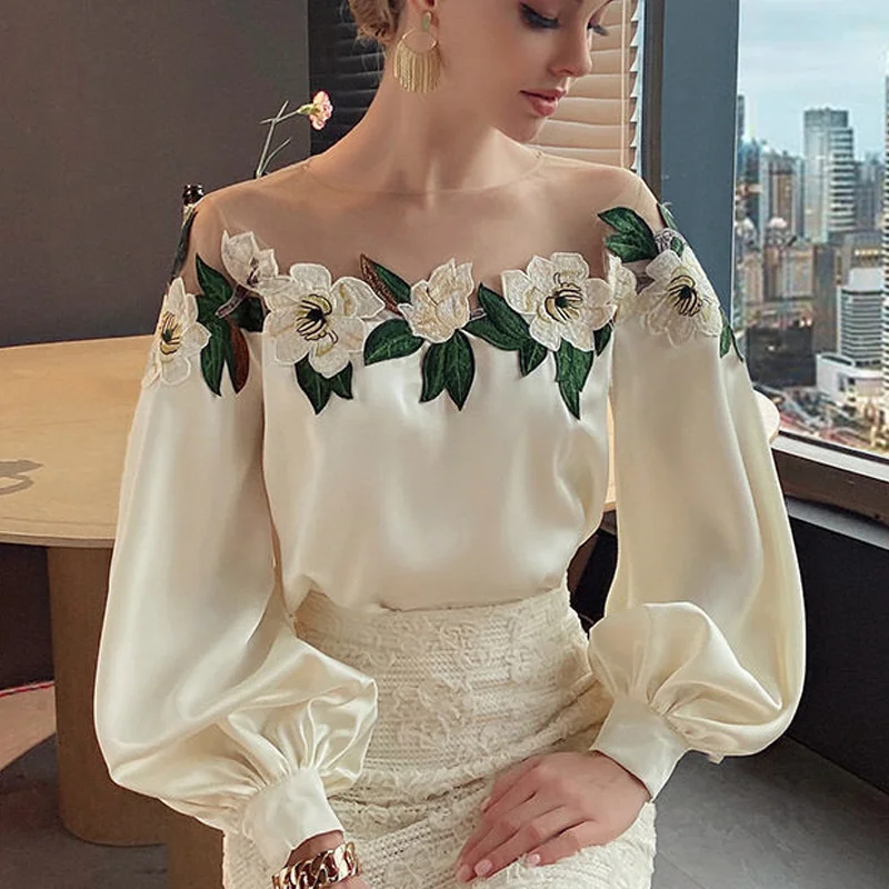 Elegant Mesh Patchwork Satin Blouse Elegant Embroidered Shirt O-neck Tops New Spring Long Lantern Sleeve Women's Clothes 24976