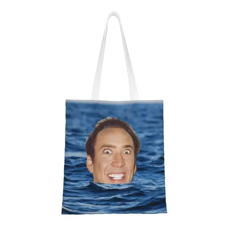 Custom Nicolas Cage In Sea Canvas Shopping Bags Women Durable Grocery Funny Meme Shopper Tote Bags