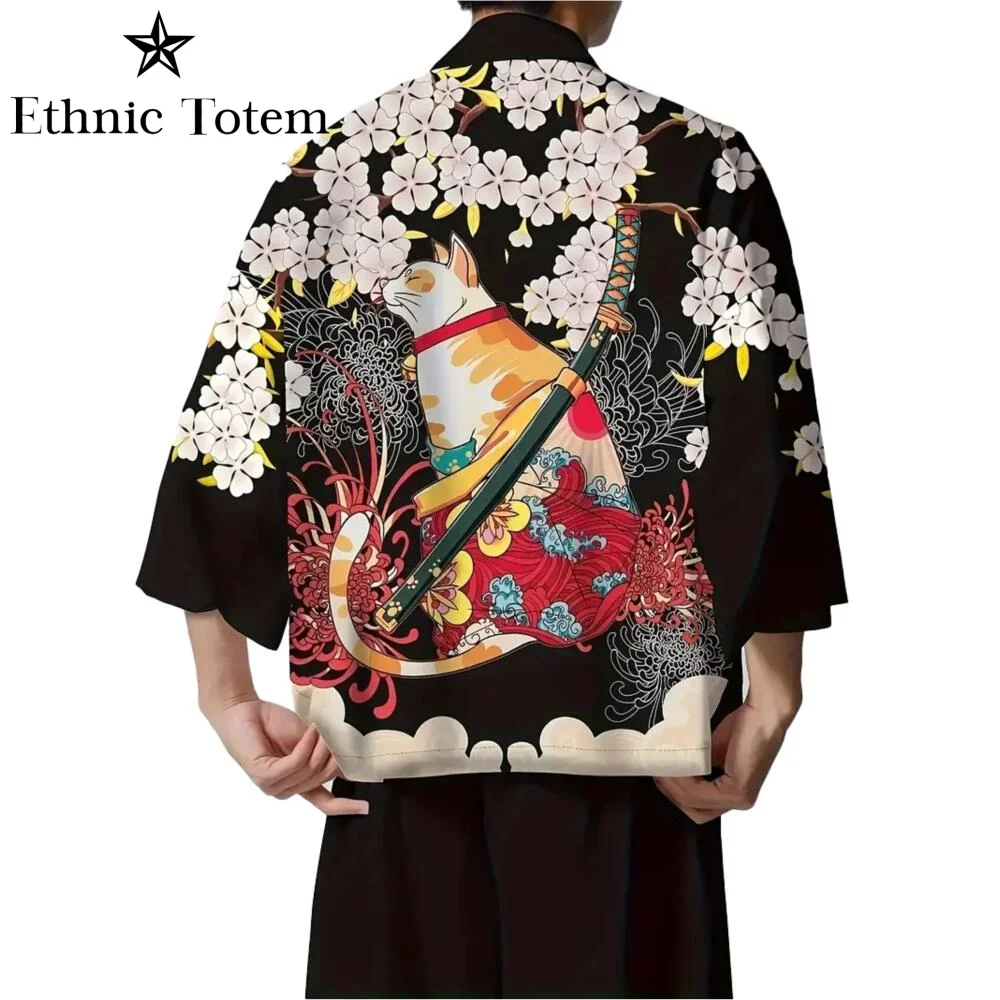 Printemps été hommes Cardigan décontracté petit haut Harajuku fleur samouraï chat imprimé japonais Kimono chemise Costume traditionnel veste
