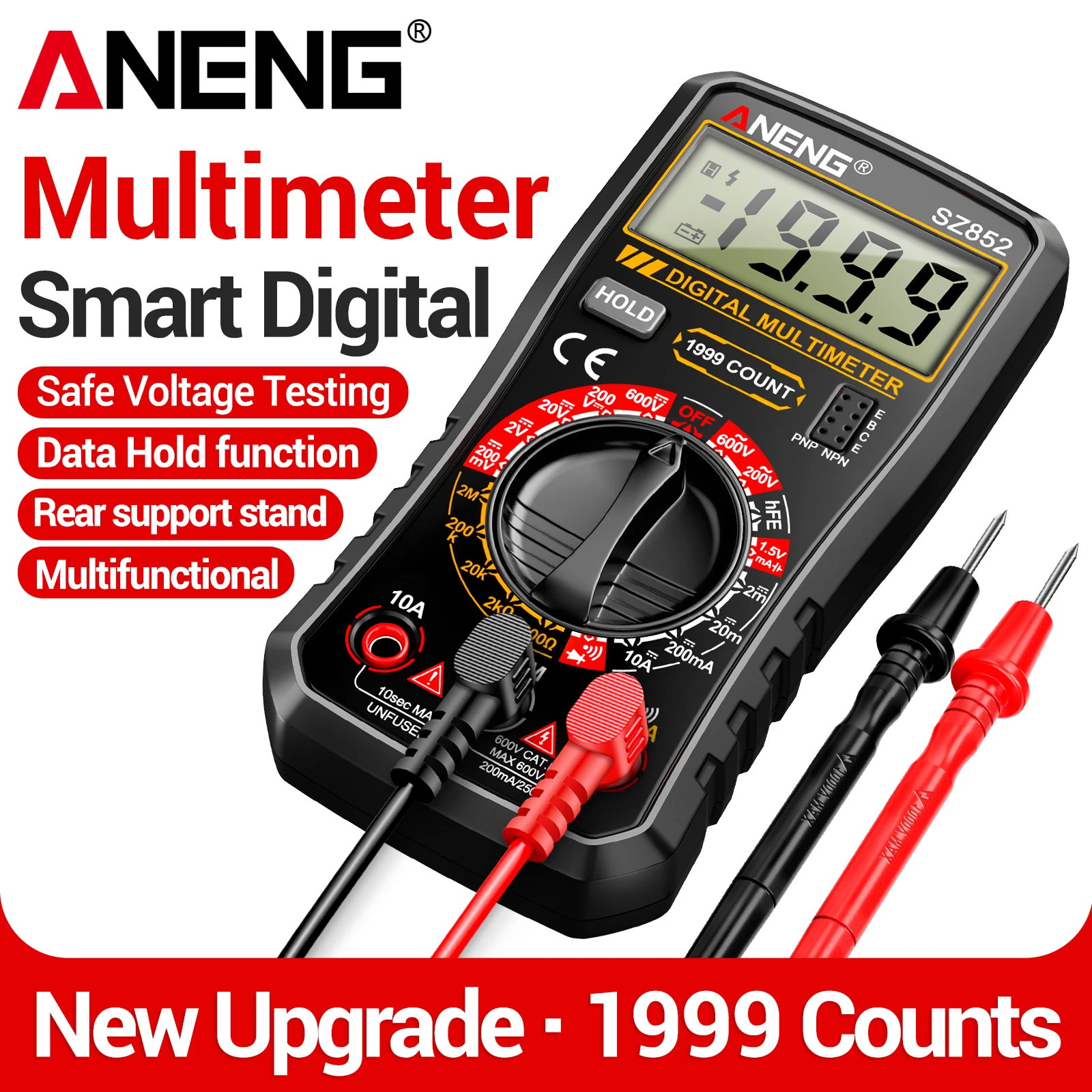 ANENG SZ852 Digital Multimeter 1999 Counts 600V AC/DC Voltage Current Resistance Transistor Test Electrician Maintenance Meter