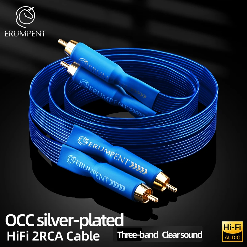 ERUMPENT OCC Silver Plated HiFi 2RCA Male to Male Audio Signal Cable Square Flat Belt Structure for Amplifier CD Player