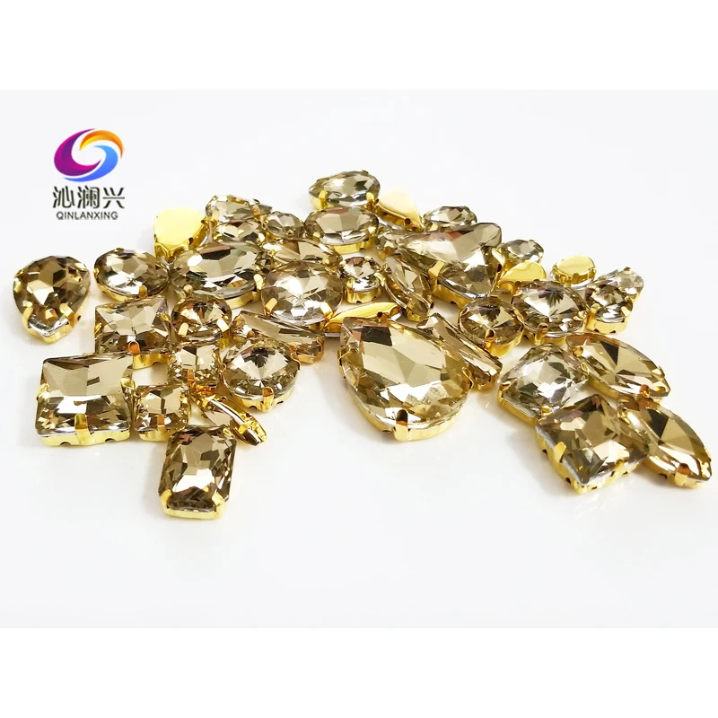 Shiny Mix Shape Top Crystals Glass Sewing Rhinestones for Needlework, Gold Bottom Light Coffee, DIY Clothing Accessories, 58Pcs