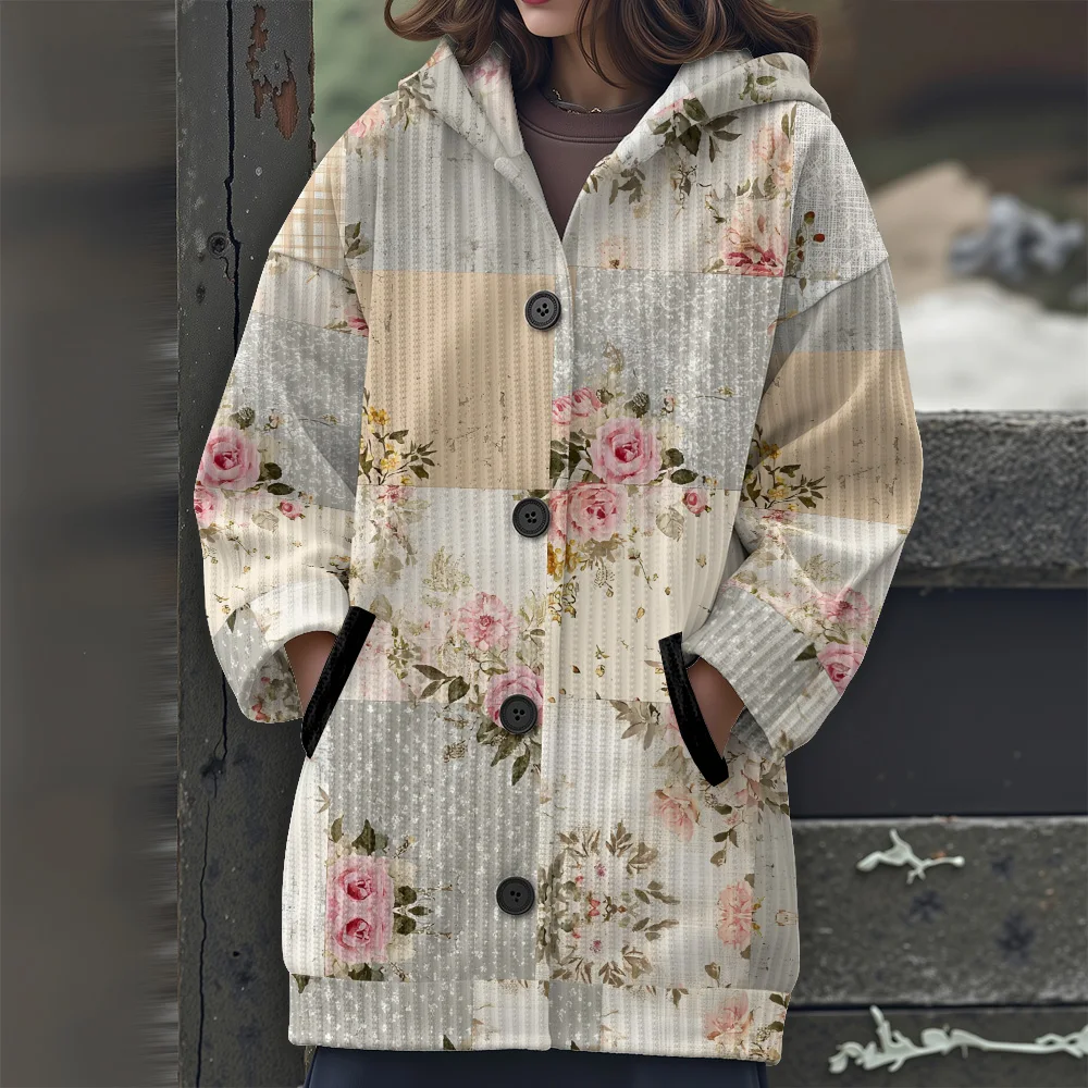 color block stitching Long sweater Floral women's clothing casual women's sweater Patchwork floral patterns Hooded sweater