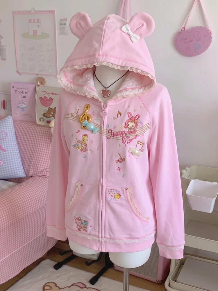 Sweet Kawaii Rabbit Ear Hooded Jacket Women Japanese Embroidery Design Y2K Harajuku Subculture Daily Outer Coat Ropa Mujer - view 4