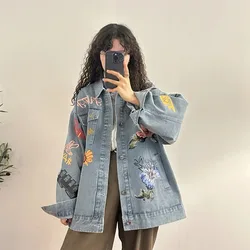 Vintage Flower Denim Jacket Women's 2024 Spring Autumn Loose Washing To Make Old Street Letter Printing Jeans Coat Female