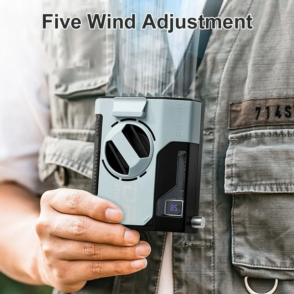 Outdoor Camping Fan Rechargeable 5 Speeds Wearable Belt Fan Strong Airflow Personal Body Fan for Outdoor Jobsite Climbing Hiking