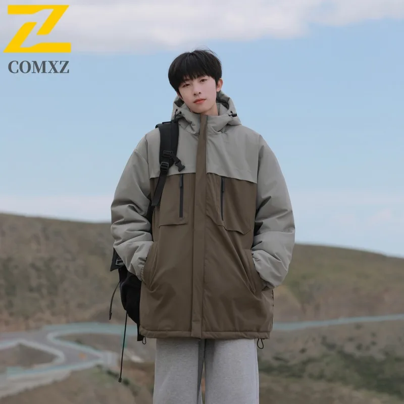 COMXZ 2025 Mens Womens Mountain Style Hooded Waterproof Color Block Winter Jacket Cotton-padded Outdoor Sports Lightweight Coat