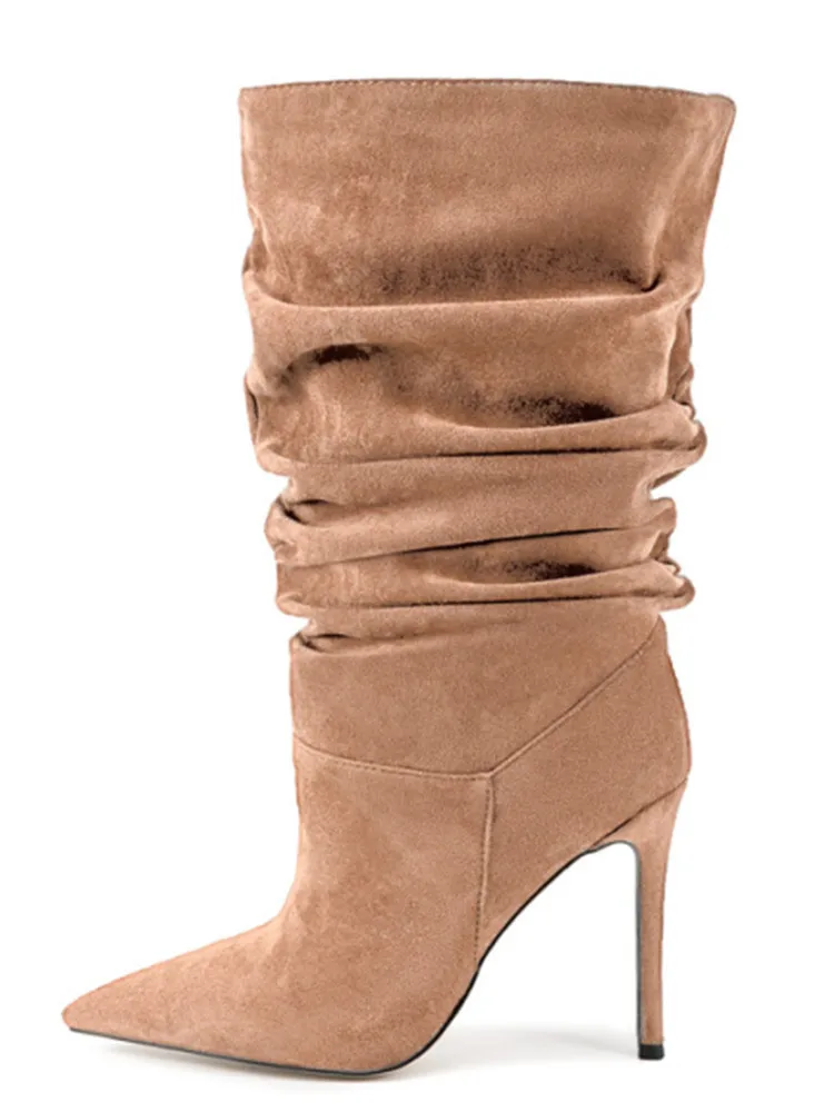2025 Women\'s Autumn and Winter New Pleated High-heeled Short Boots with Pointed Sleeves, Women\'s 35-47 Large Mid Length Boots
