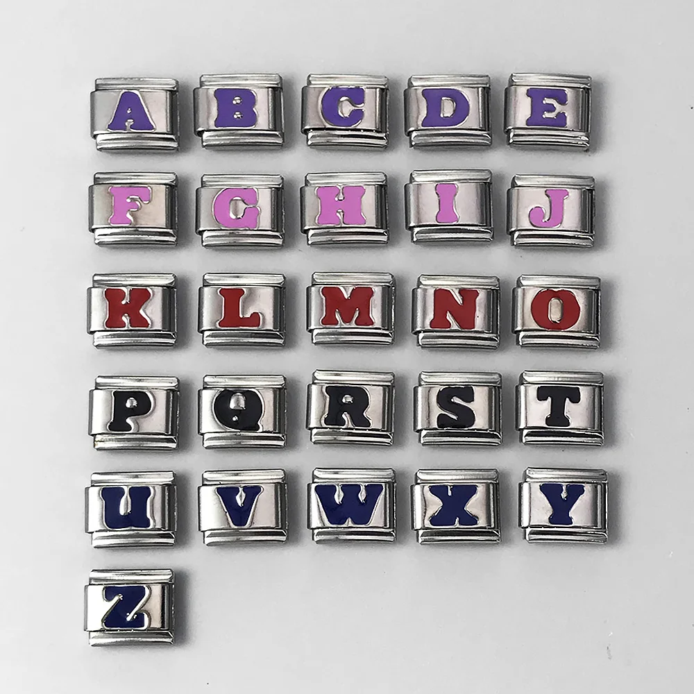 Black Pink Red Blue Purple Glaze 26 English A-Z Letters Charm Italian Links Fit 9mm Bracelet Stainless Steel Jewelry DIY Making