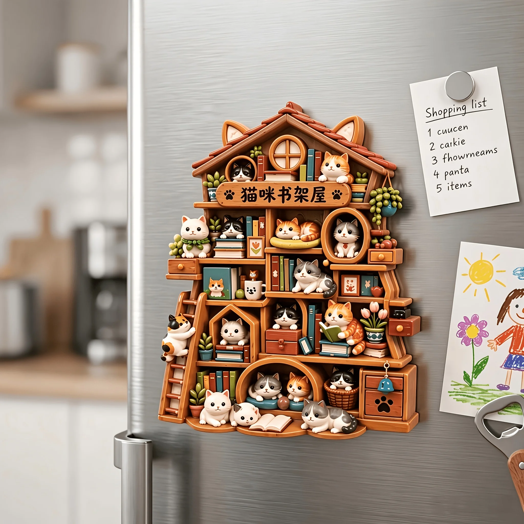 2/1 Piece Set 3D Embossed Cat Bookshelf House Fridge Magnet, Multi-Layer Wooden House Cute Cat Reading Miniature Scene Resin Magnetic Sticker, Healing Cute Bookhouse Decoration Magnet, Home Refrigerator Creative Decora