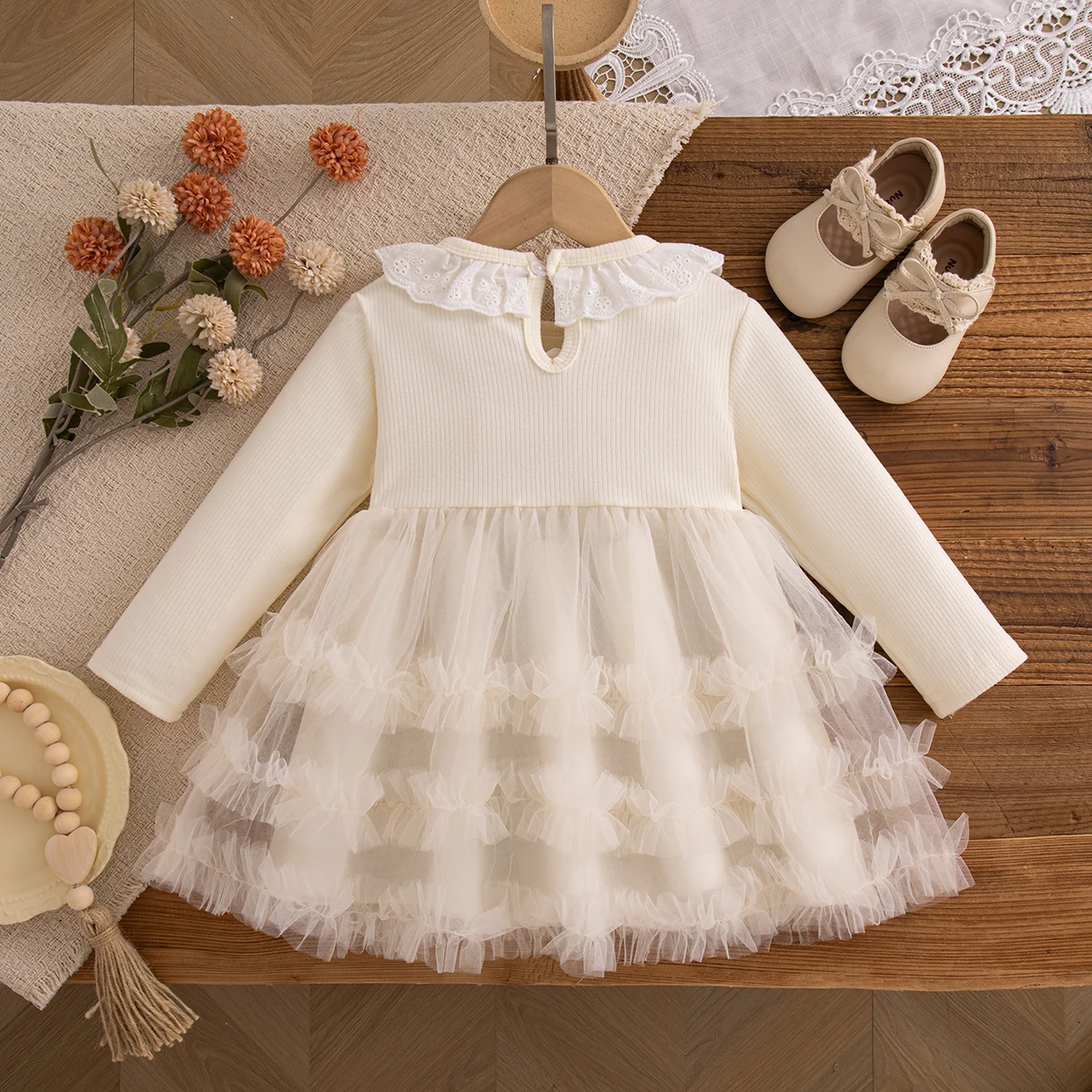 Autumn New Bow Chiffon Baby Girl Princess Dress Beige Knitted Long Sleeved Children'S Clothing (9 Months -3 Years Old) 3