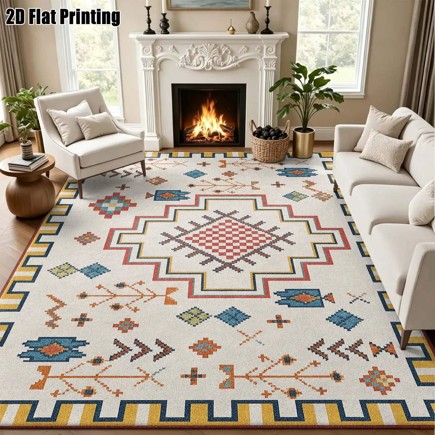 1Pc 2D Printed Colorful Geometric Pattern Carpets: Nordic, Bohemian, Minimalist, Vintage Styles Multi-Size, Machine Washable, Ideal for Home Decor, Entryway, Dining Room, Living Room, Bedroom.