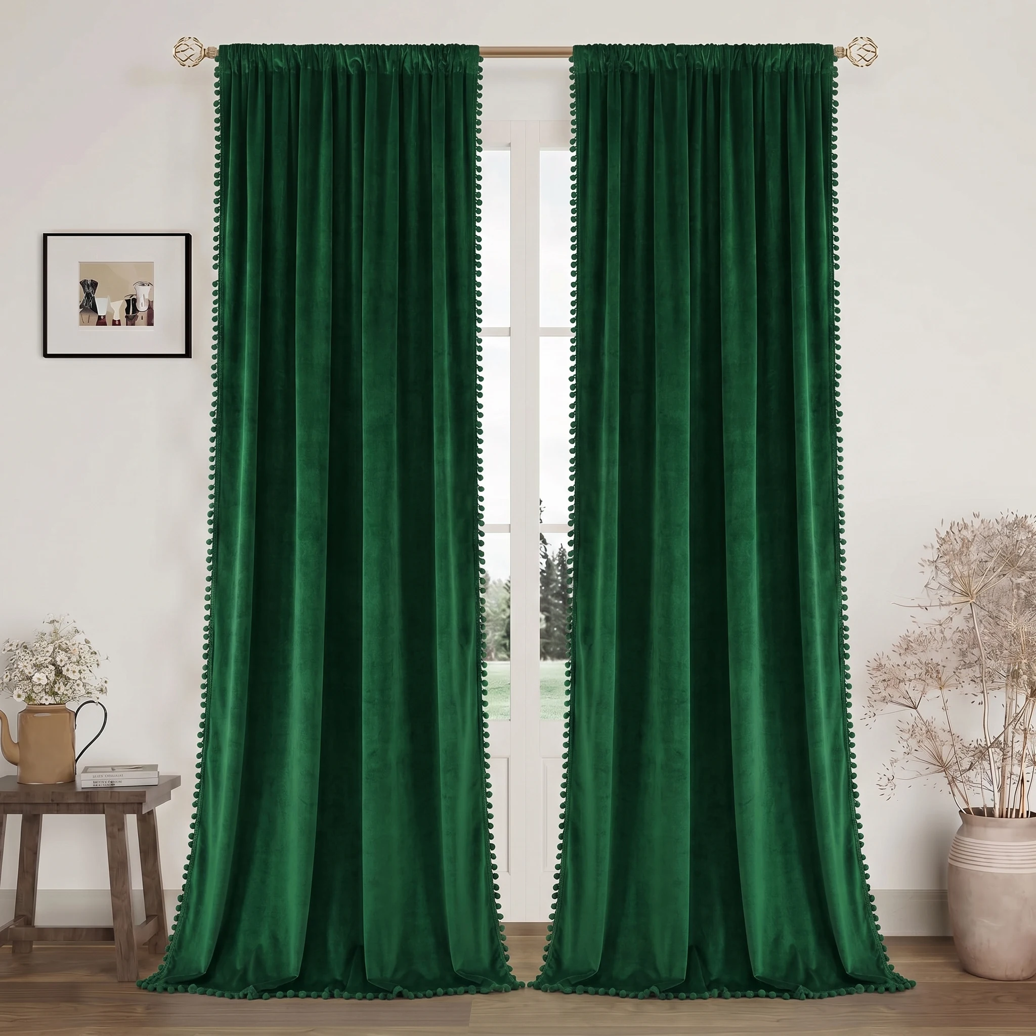 1 Piece, Available in Multiple Colors: White / Navy Blue / Orange / Emerald Green / Brown / Red. Fashionable and Luxurious Velvet Curtain with Pom-Pom Fringe, Rod-Top Design, Soft and Thick, Drapes Smoothly, Soundproof and Heat-Insulating, Protects Privacy. Made of Polyester, Washable, Suitable for All Seasons, Suitable for Kitchen, Bedroom, Living Room, Office. Does Not Include Ropes and Accessories view 4
