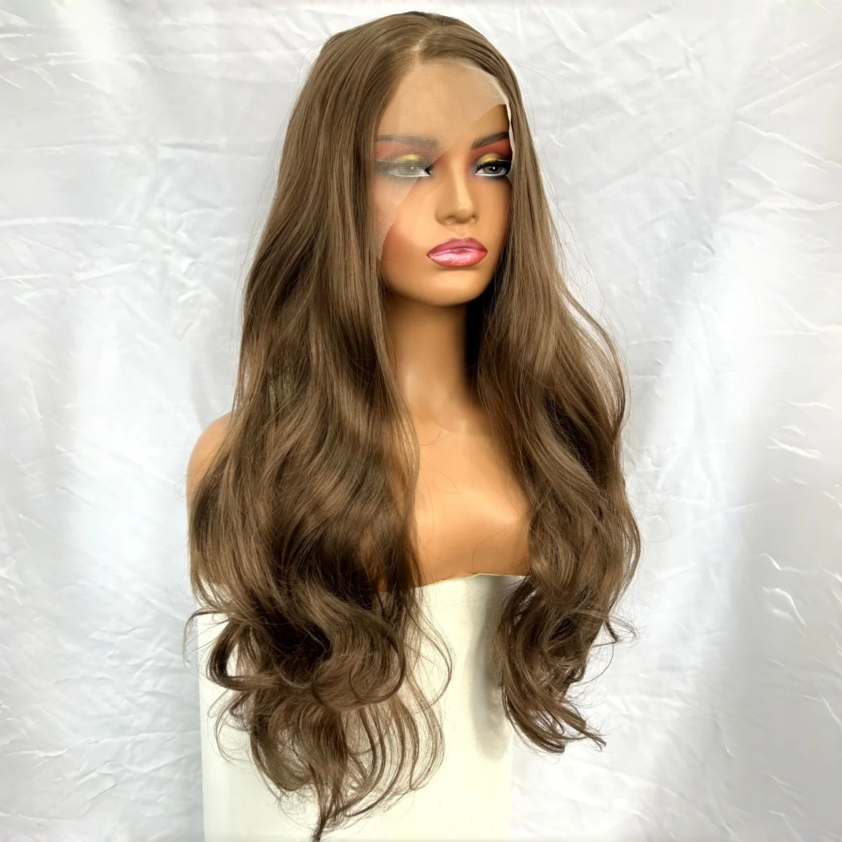 Long Brown Wave Wigs for Women Synthetic Hair Side Part Light Brown Curly Natural Wave Brunette 13X4 Lace Front Wig Daily Party