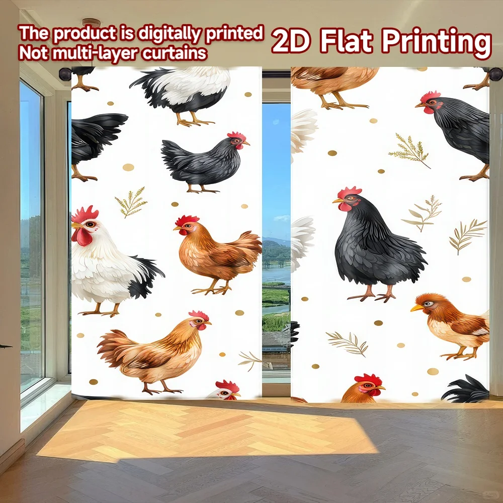 

2D flat printing 2pcs Party Curtain Roosters and Hens Digital Printed Polyester Drapes All Season Party & Holiday Decor Perfect