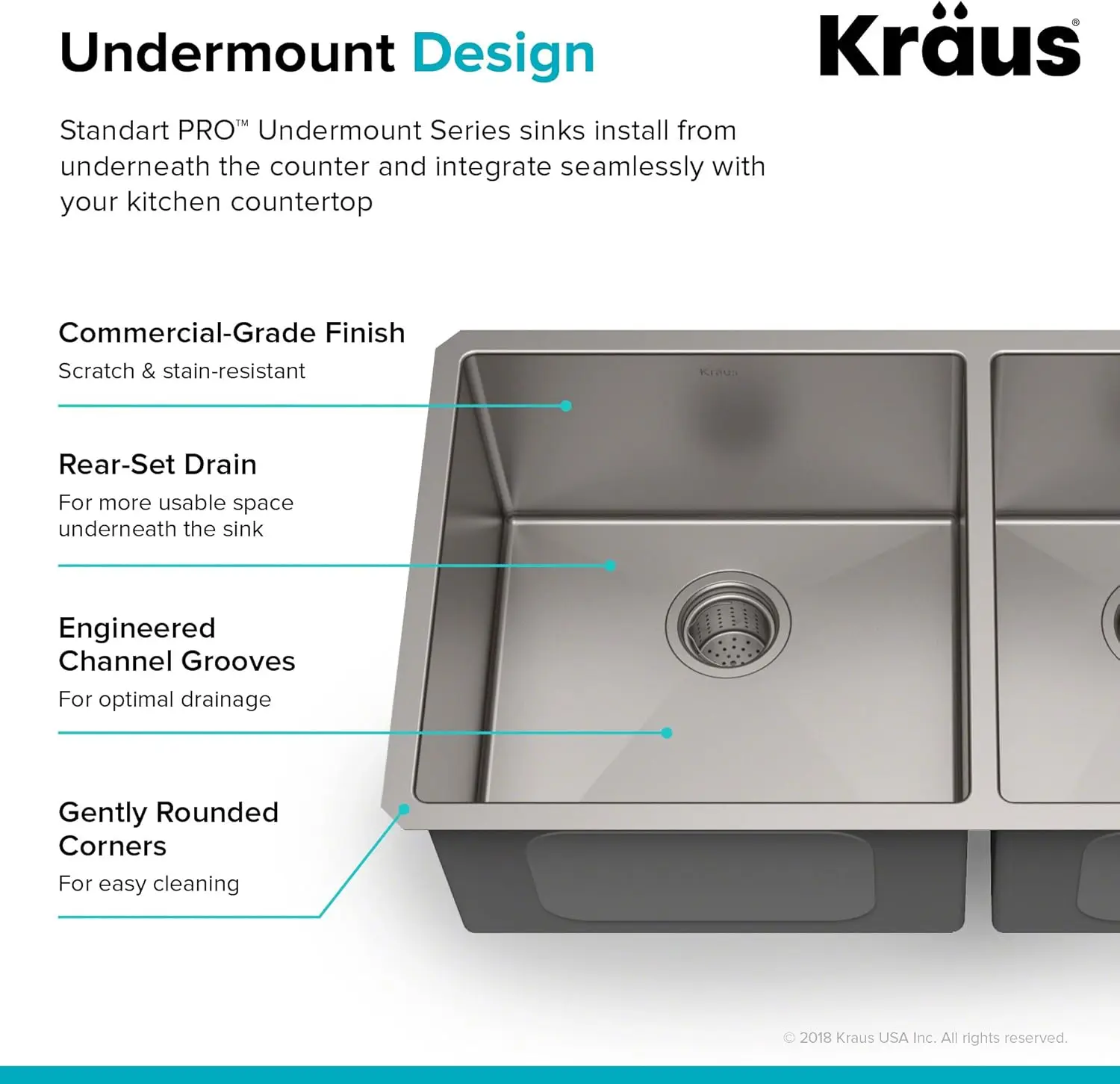 Kra2025 USA 33 นิ้ว 16 Gauge Undermount 60/40 อ่างล้างจานสแตนเลสแบบชามคู่, KHU103-33 19 "D x 32.75" W x 10.25 "H