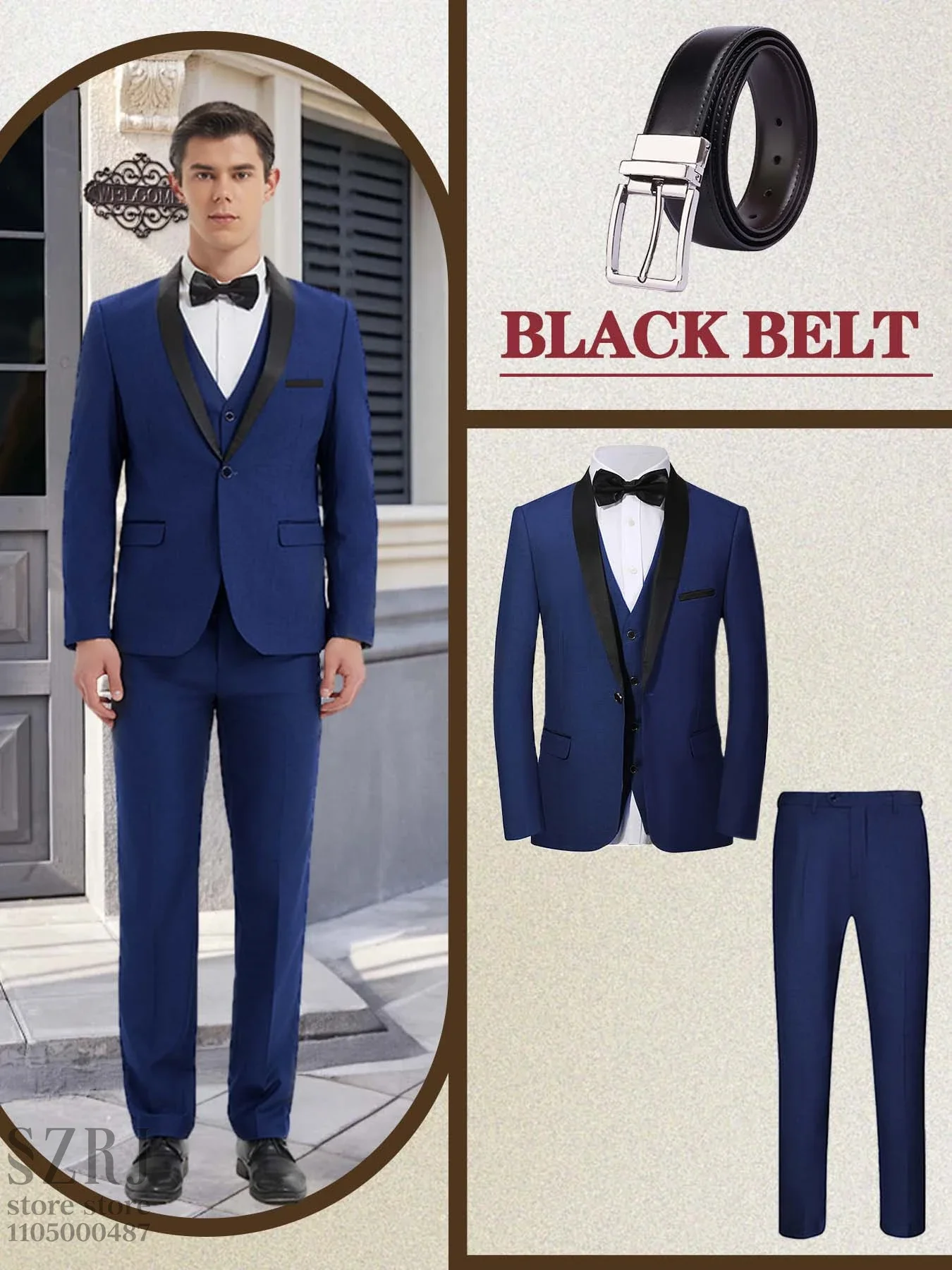 

4pcs Men's Formal Suit Set: Tuxedo, Vest, Pants, Belt with .Classic Elegant Attire for Business, Party, Banquet, Job Interview