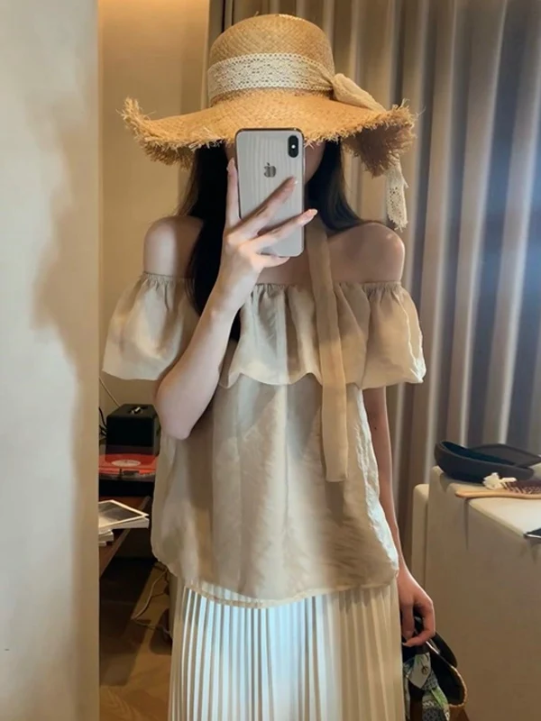 

Elegant Sash One-Shoulder Shirt Women's Summer Anti-Aging Chic Lace Trim Korean Style Loose Fit Short Sleeve Pure Color Top