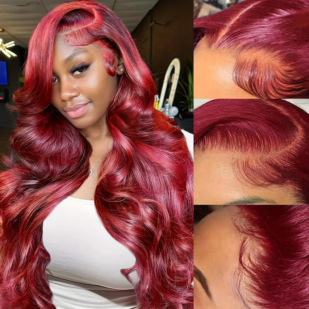 

13x4 Body Wave Lace Frontal Wigs HD Lace Frontal Human Hair 200% Density Transparent Body Wave 99J Red Colored Wigs