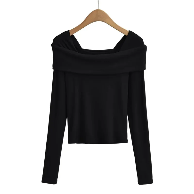 Spicy Girl Design Short Slim Fit Elastic Bottom Shirt Women's Tight Inner Long Sleeve T-shirt One Shoulder Top