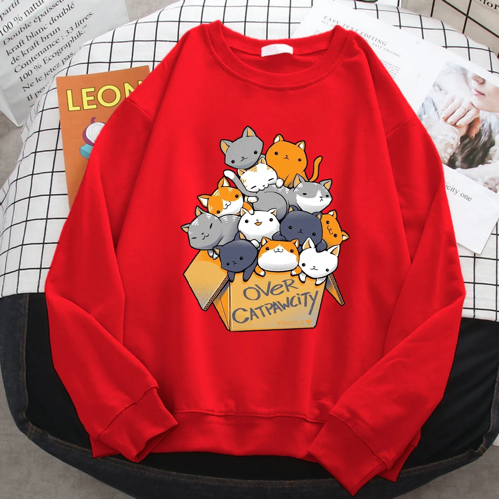 Autumn Casual Woman Pullover Many Cats Gathered In Printing Hoodies Comfortable Fleece Sweatshirt Crewneck Loose Female Clothes