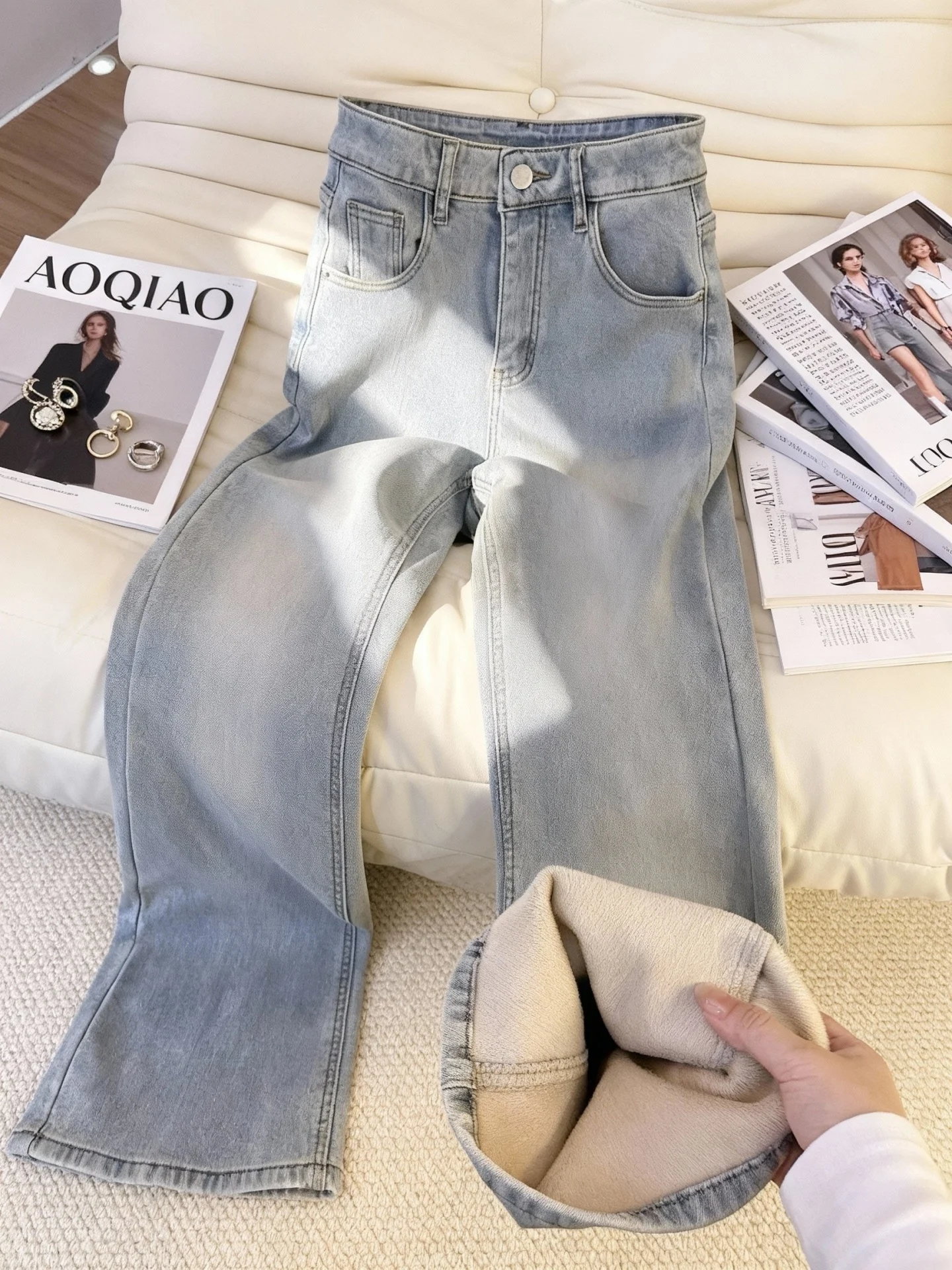 

Fce Lined Thi Джинсы Bell Bot с высокой талией Женские осенне-зимние брюки больших размеров Fat MM Ретро эластичные брюки-колокольчики Американские брюки...