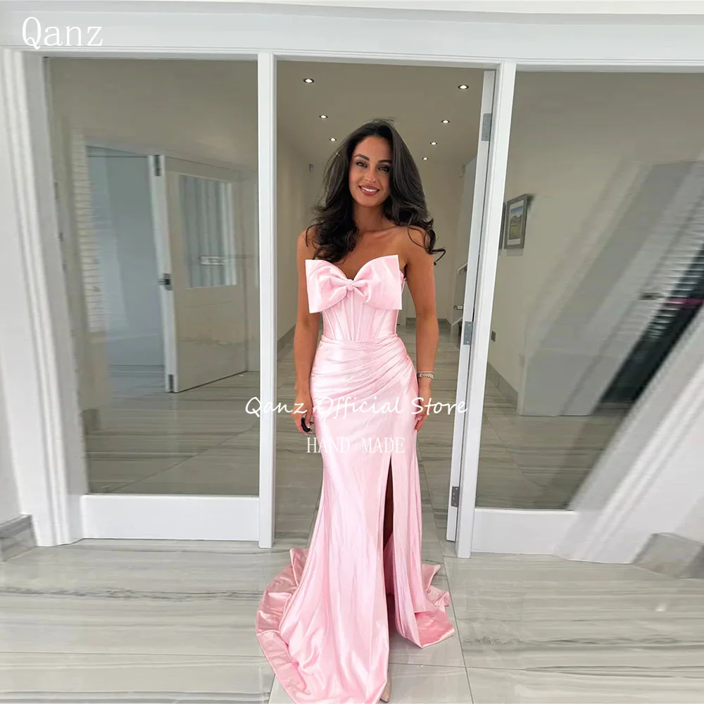 Qanz Elegant Pink Prom Dresses Mermaid High Side Slit Pleat Eveing Gown Women Bow Backless Vestidos De Fiesta Lujo Customized