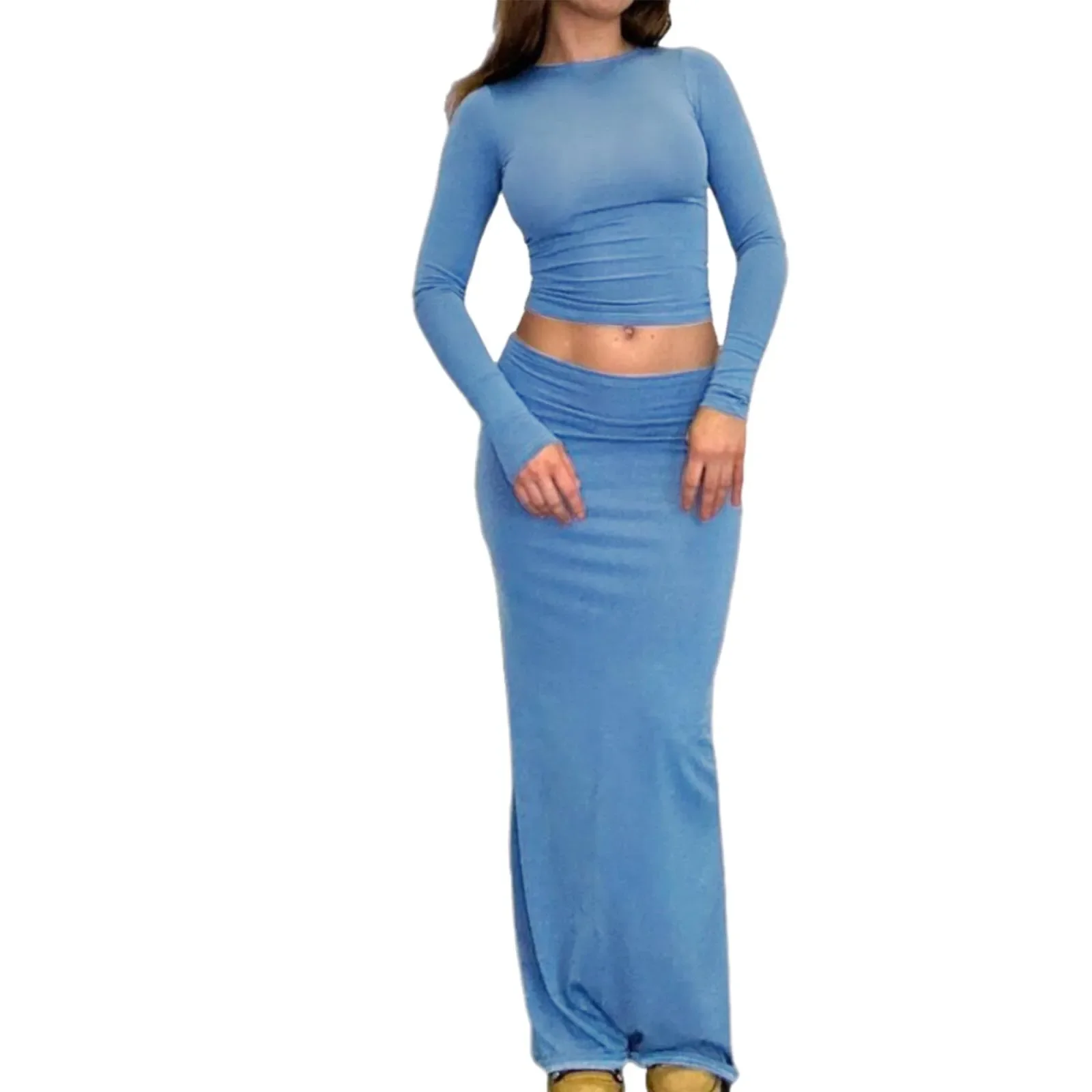 Women Sexy 2 Piece Maxi Skirt Set Long Sleeve T-Shirts Top Wrap Hip Long Skirt Y2K Clothes Set Streatwear