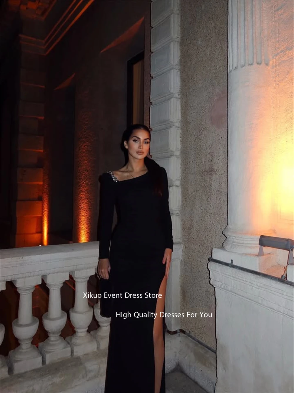 Xikuo preto alta fenda vestidos de noite bling cristal mangas compridas robe cocktail femmes até o chão sexy vestidos de baile personalizado