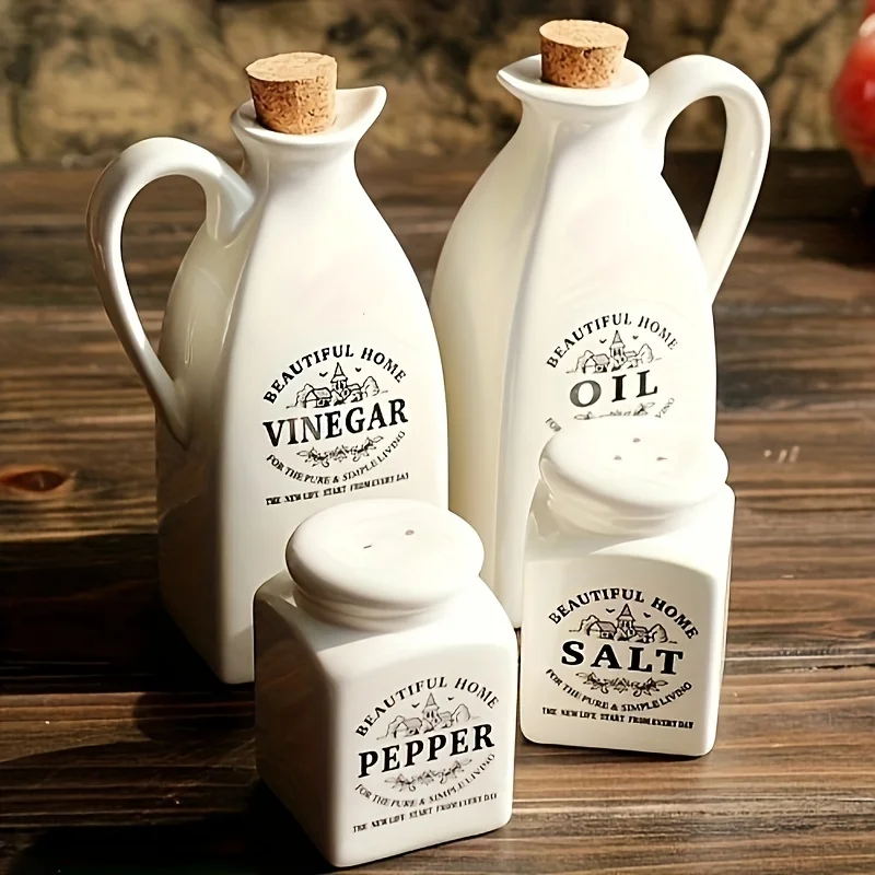 4pcs/set, Oil Bottle, Ceramic Oil Dispenser Bottle, Leak-proof Oil Pot, Vintage Oil Bottle, Spice Jar, Retro Seasoning Bottle, V