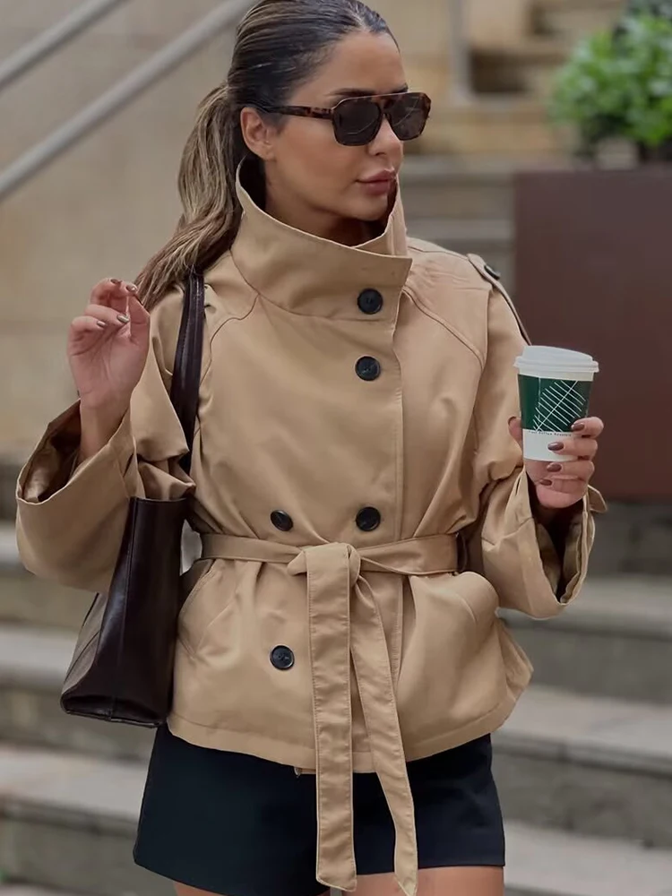 

Women's Jacket Long Sleeve Button With Belt Jackets for Women 2025 High Street Short Coats Lady Autumn Winter New Outerwears