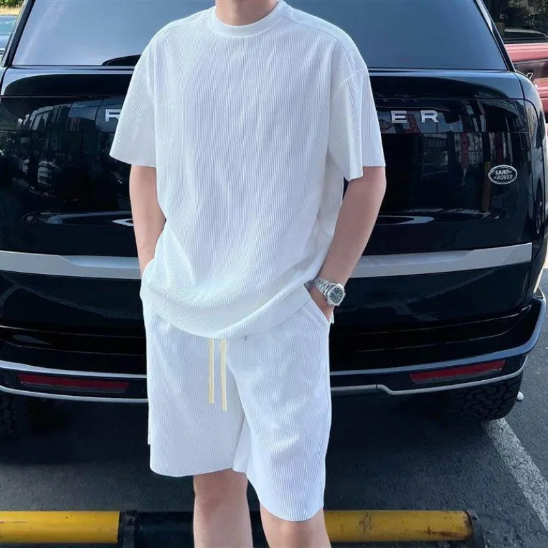 

Summer Men's Casual T-Shirts Sets Solid Stripes Ice Silk Simple Short-sleeved Shorts Lightweight Quick-drying Outdoor Sportswear