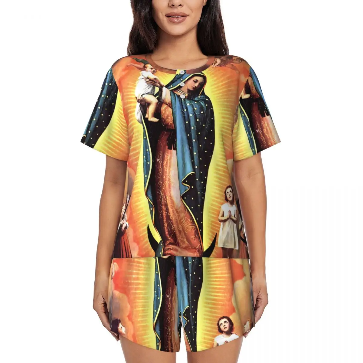 

Virgin Mary Pajamas Short Sleeves Our Lady Of Guadalupe Two Piece Bedroom Pajama Sets Summer Female O Neck Retro Home Suit