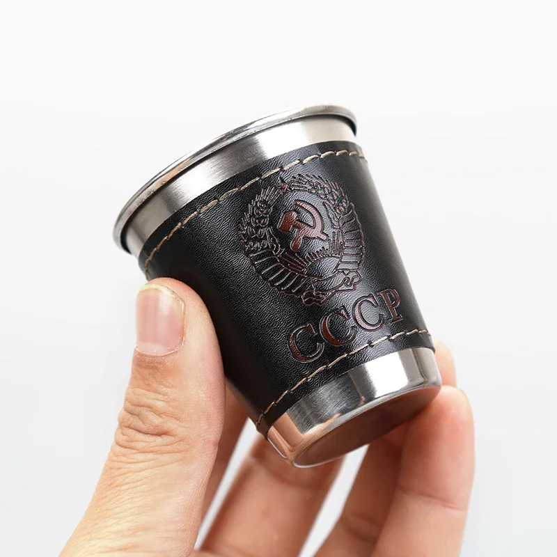 70ml Shot Glass Set 304 Stainless Steel Hip Flask Cup Outdoor Russia Vodka Cup Whiskey Alcohol Shot FlaskWith PU Leather