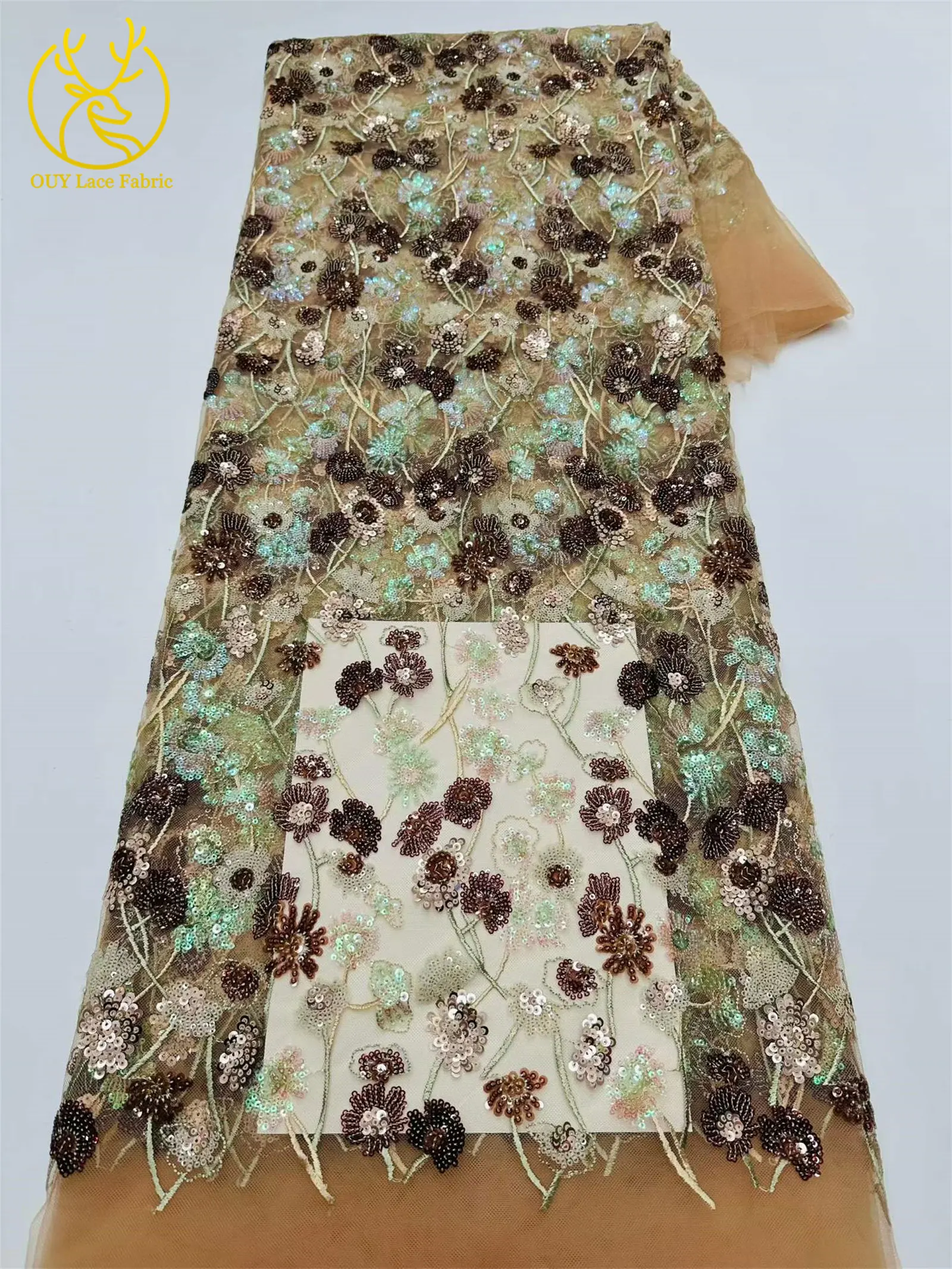 Luxuriöser afrikanischer Pailletten-Spitzenstoff, 5 Yards, hochwertige französische nigerianische Stickerei-Tüllspitze für Hochzeitsfeier, Brautkleid – Detail 11