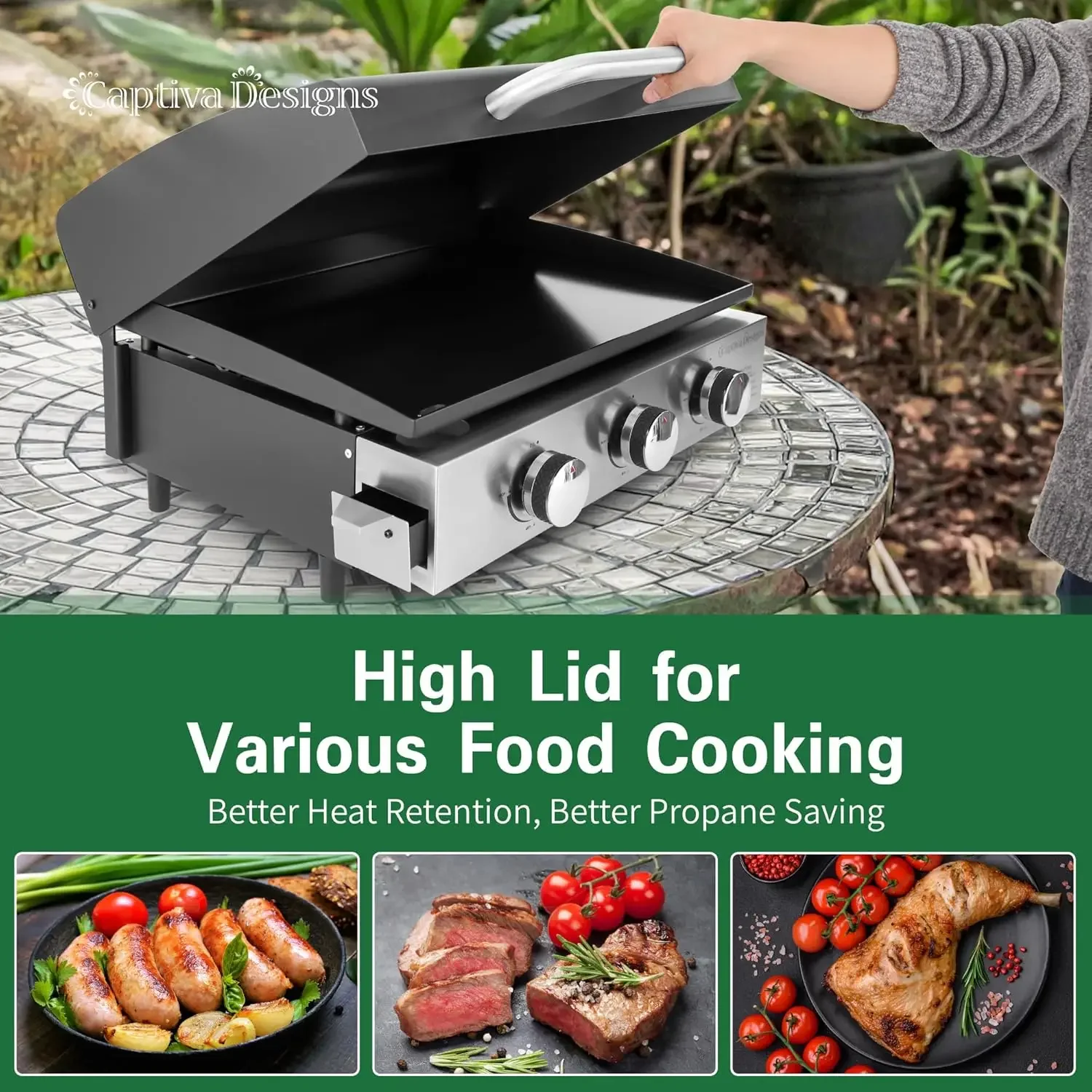 22 in Flat Top Grill with Ceramic Coated Cast Iron Pan, Portable Tabletop Propane Gas Griddle Grill