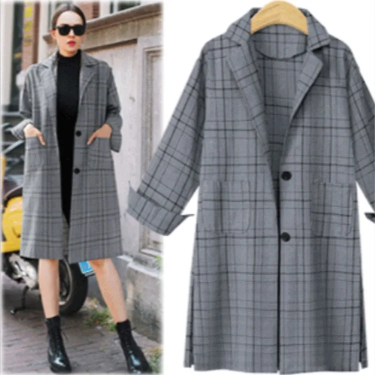 2024European and American Style Foreign Trade Clothing Coat  New Spring Clothing Age-reducing All-match Plaid Long Trench Coat