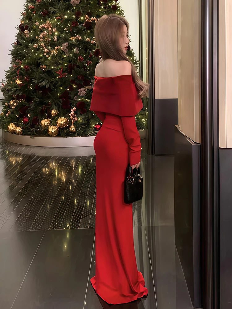 ReddaChic Women Long Sleeve Top Skirt Set Off-shoulder Flattering Kint Top Solid Bodycon Maxi Long Skirt New Year Retro Clothes
