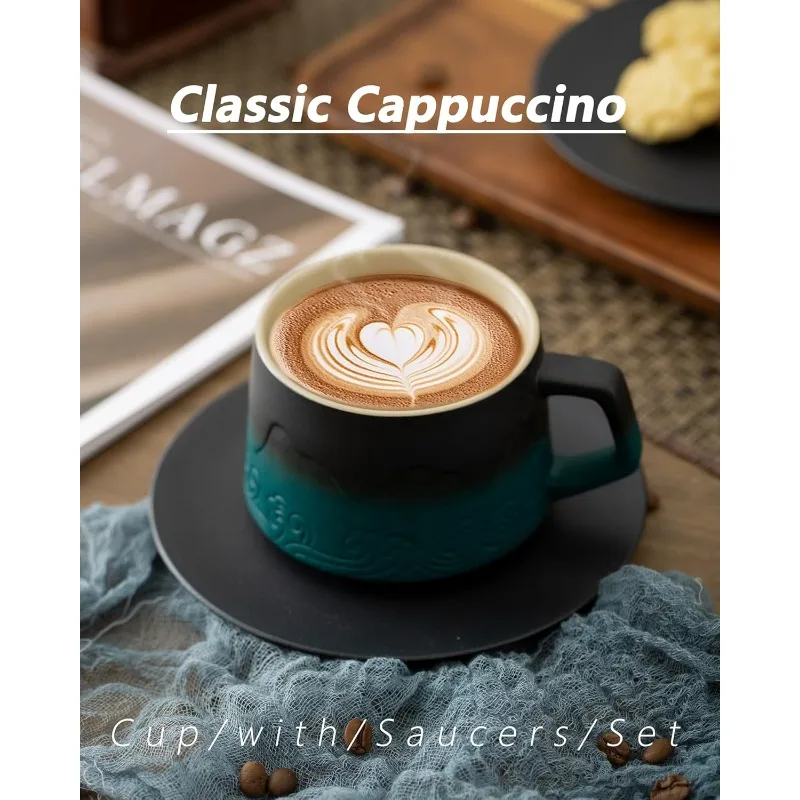 8 oz Cappuccino Cups Set of 4 with Saucers, Embossment Ceramic Latte Art Cappuccino Mugs for Cafe Mocha, Hand- Sprayed