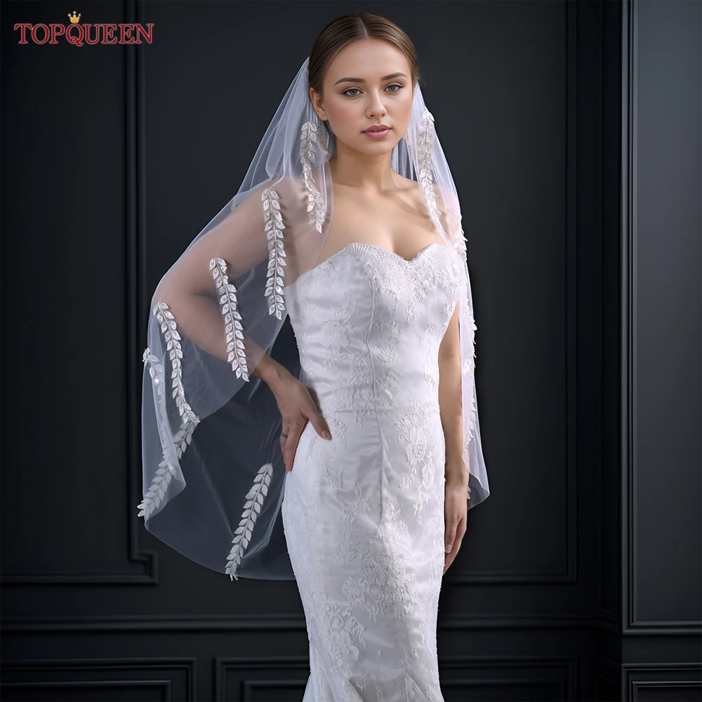 TOPQUEEN Boho Wedding Veils Sequined Leaf Shape Beaded Edge Bridal Veil 2024 Single Tier Beaded Lace Fingertip/Knee Length V244