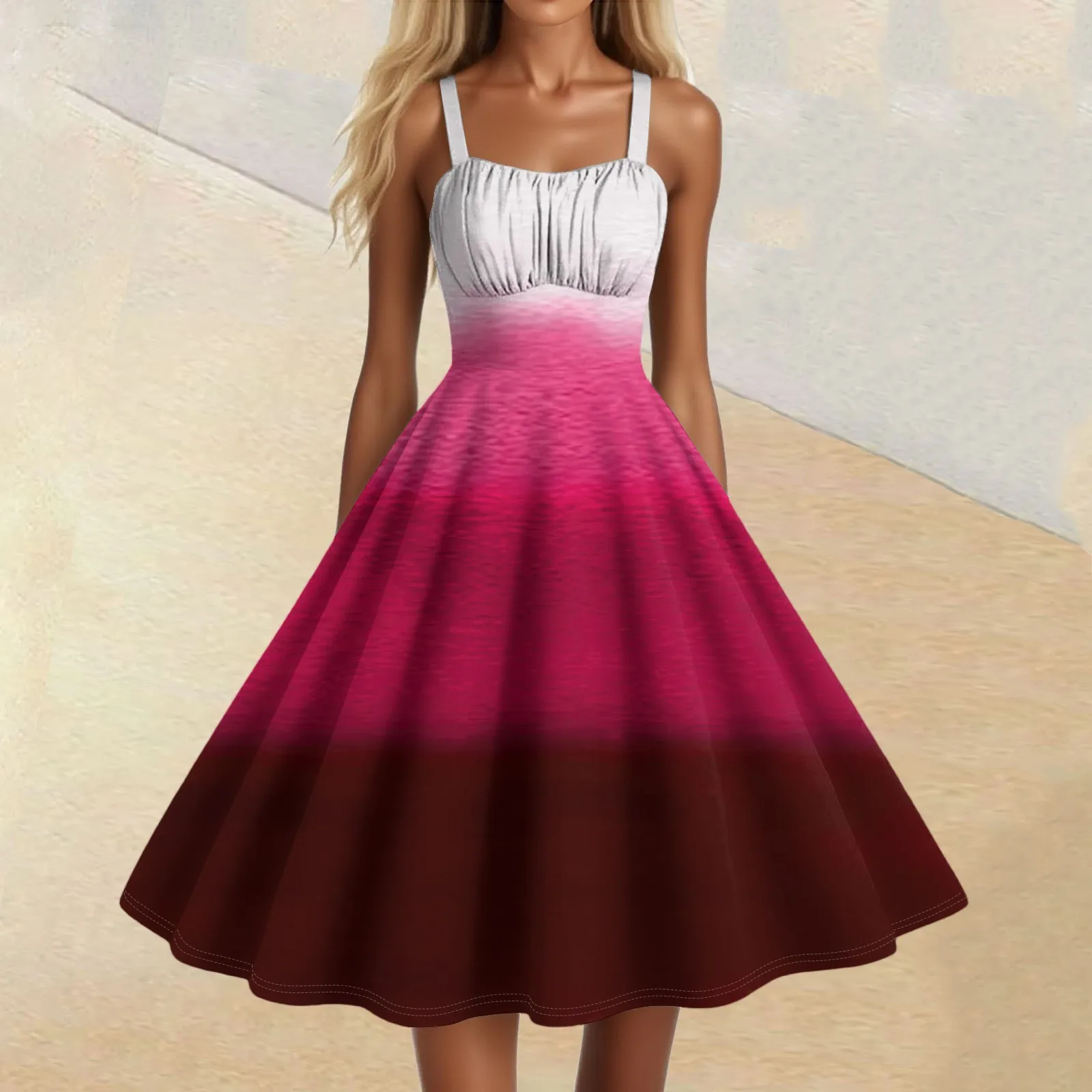 Women'S Vintage Sleeveless Pleated Patchwork Cute A-Line Hem Gradient Printed Dresses Vestidos Mujer Veranoa 2025 Women Clothing