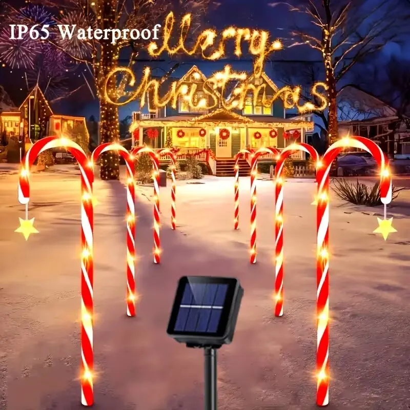 Solar Powered Christmas Candy Cane Lights with Stars,5/8 Pack 8 Modes LED Garden Stake Lights,Outdoor Yard Lawn Holiday Decor