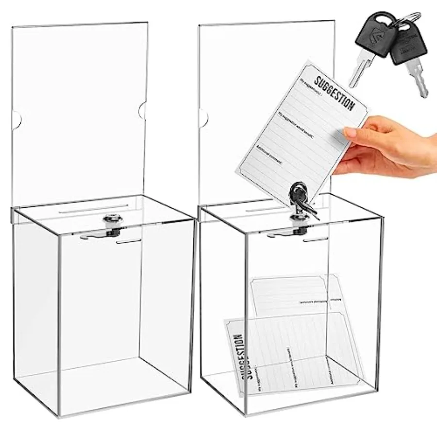 

Набор из 2 акриловых коробок для пожертвований с замком, высокие копилки для чаевых 8,2 x 6,7 x 5 дюймов, ящик для предложений с держателем для таблички, большой запираемый ящик для розыгрышей