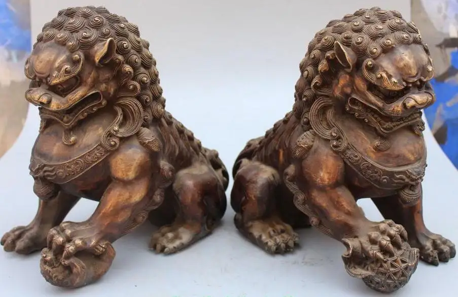 Chinese Bronze Guardian Foo Fu Dog Phylactery Door Lion Ball Kid Pair Statue,Size: Height 11.0 inch  .Long 11.0 inc